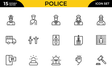 Police Line Icon Set for Law Enforcement, Public Safety, Crime Prevention, Security Services and Emergency Response Outline Vector Collection © Iconfly