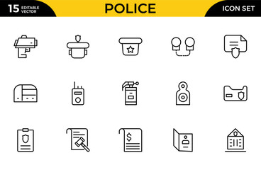 Police Line Icon Set for Law Enforcement, Public Safety, Crime Prevention, Security Services and Emergency Response Outline Vector Collection © Iconfly