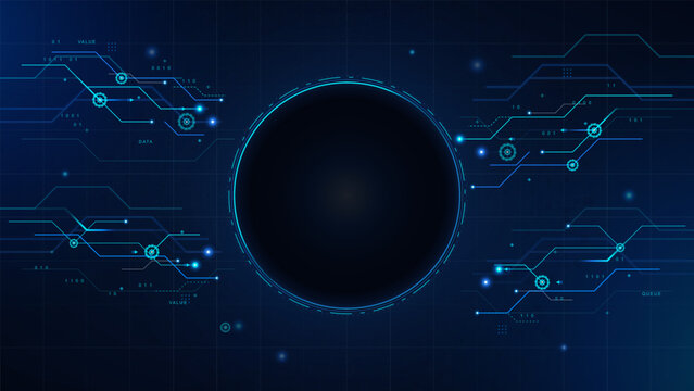 Futuristic blue digital circuit interface with glowing central circular frame, data nodes, binary marks, and grid background for technology design