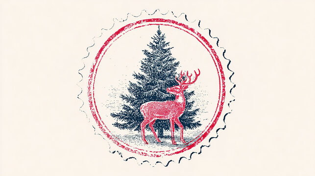 Round holiday badge featuring evergreen tree and deer, festive identity design, winter branding, seasonal graphic resource, Christmas.
