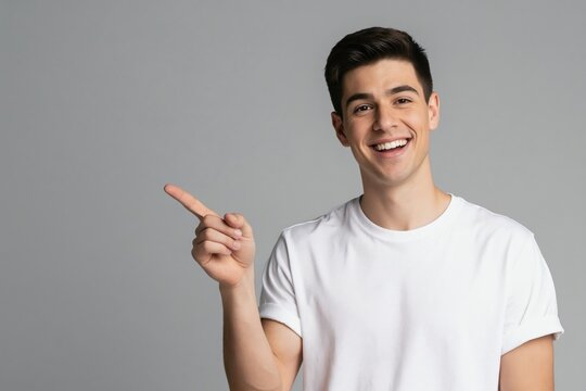 Young man in white t-shirt smiles widely and points his finger to the left side. He shows good commercial offer or positive news on gray background with copy space. He looks happy.