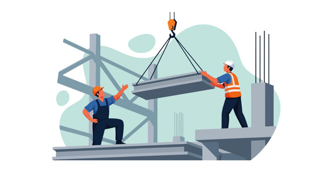 Construction Worker Guiding Precast Concrete Slab Lifted by Crane Vector Illustration, Building Construction and Infrastructure Development Concept