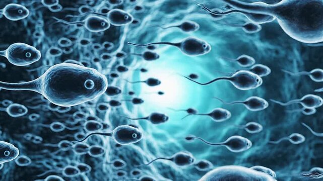 Microscopic view of sperm swimming towards cells in a laboratory setting