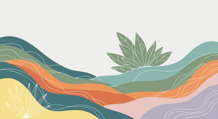 Abstract Bohemian Landscapes Vector Illustration Featuring Organic Wavy Shapes and Botanical Elements for Modern Interior Wall Art Decor © Life Studio