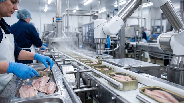 Modern food processing facility featuring workers and a robotic arm canning fish fillets on an assembly line.
