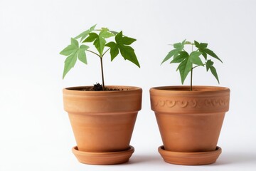 Fototapeta premium Two green plants in terracotta pots one taller than the other. Young plants with leaves grow in brown dirt. Isolated on white background studio.