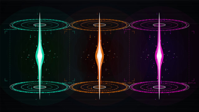 Futuristic energy portal interface with three glowing vertical beams, circular holographic rings, particles, and neon sci fi panels on dark grid.