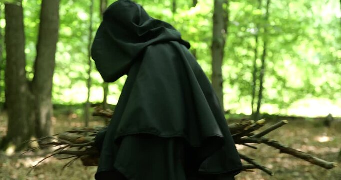 Monk Carrying Bundle of Firewood Through Forest