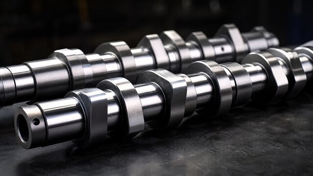 Close-up of precision-engineered engine camshafts on a dark background.