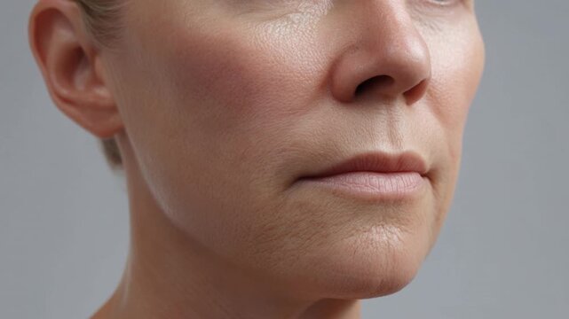 Close up of mature woman face with drawn white contour lines demonstrating facial skin lifting and wrinkle reduction procedure concept for anti aging treatment