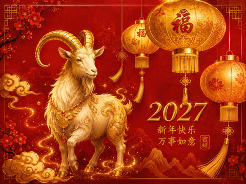 Golden Goat Chinese New Year 2027 with Red Lanterns and Traditional Asian Decorations