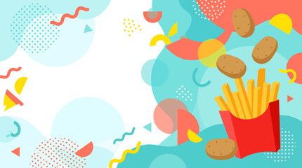 Naklejka premium A vibrant party scene with french fries and cookies flying in a colorful festive atmosphere with confetti and dots.