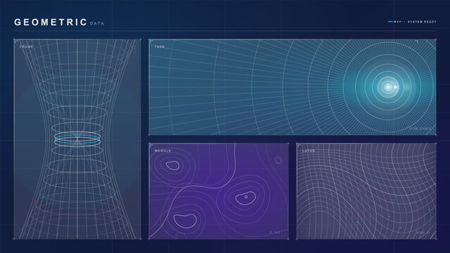 Futuristic geometric data dashboard with wireframe hourglass, radial target grid and contour map panels in minimal cyan line style on dark background