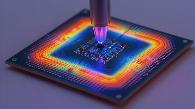 High-Tech Circuit Board with LED Illumination and Precision Probe Interaction
