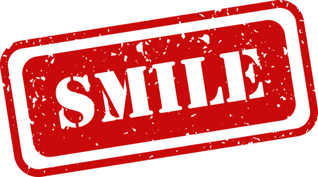 Distressed red rubber stamp with the word 'smile' isolated on white background positive messaging concept