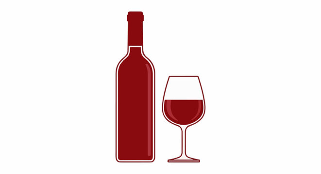 Simple vector illustration of a full bottle of red wine next to a glass of red wine