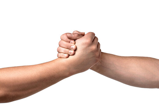 Handshake, arms friendship. Friendly handshake, friends greeting, teamwork, friendship. Close-up. Rescue, helping gesture or hands. Strong hold. Two hands, helping hand of a friend