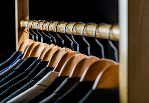 Men suits in different colors hanging on hanger in a retail clothes store, close-up. Mens shirts, suit hanging on rack. Hangers with jackets on them in boutique. Suits for men hanging on the rack