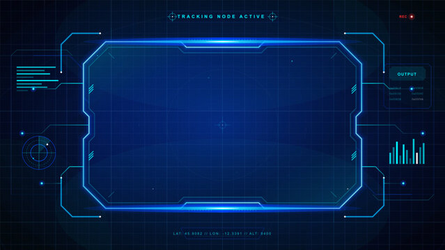 Futuristic blue HUD interface with large glowing central frame, tracking status, radar reticles, data charts, and dark grid background art