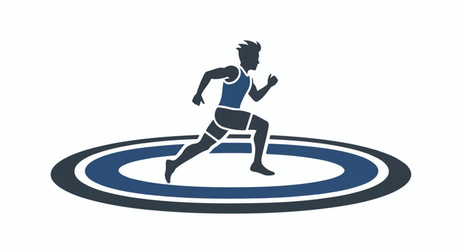 A stylized figure of a runner in motion on an oval track