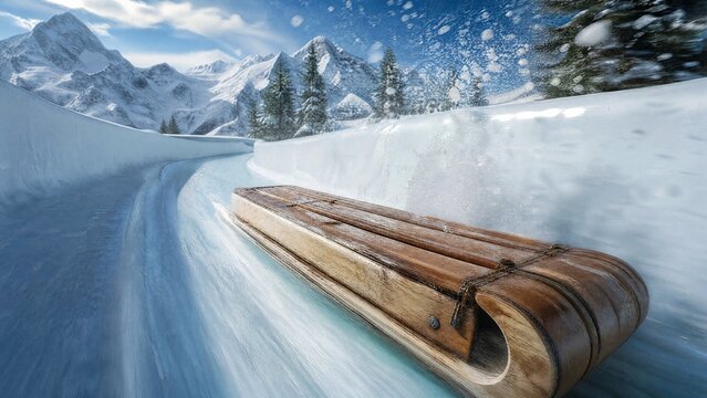 A wooden toboggan speeds down an icy chute, spraying snow into the air.