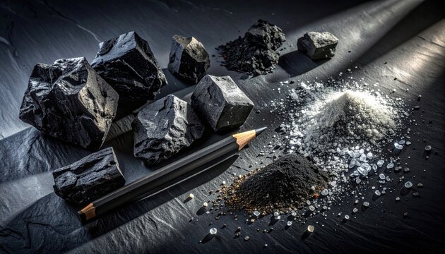 Raw Coal Chunks and Graphite Pencil with Carbon Powders on Textured Surface