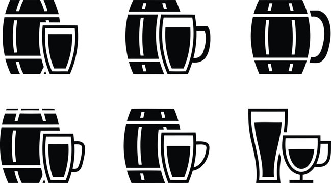 Black and white icons of beer barrels and mugs side by side