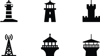 Fototapeta premium Collection of various tower and lighthouse silhouettes in black isolated on white background