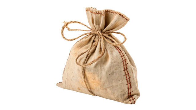Traditional rustic burlap gift pouch bag tied with twine rope isolated on transparent background