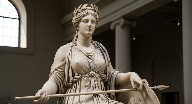Neoclassical marble statue of goddess with crown and staff