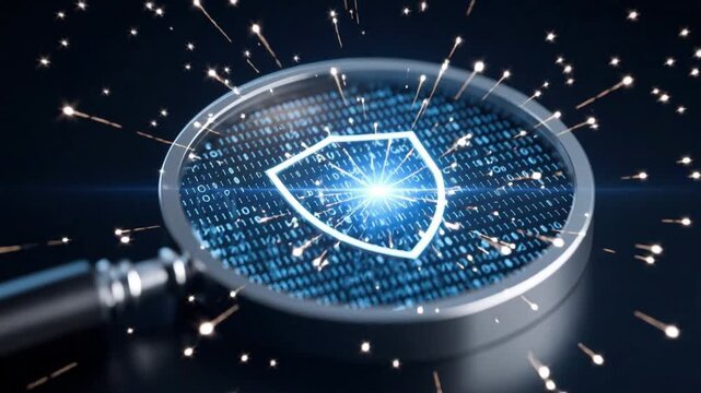 Close-up of magnifying glass focusing on digital shield icon over binary code background representing cyber security and data protection concept