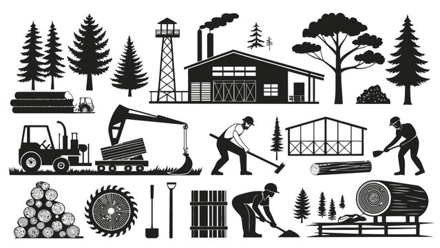 Black and white silhouette lumberjack industry icons on white background