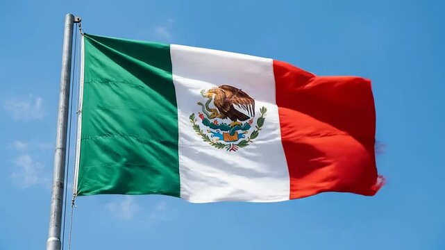 Close-up of the Mexican flag waving in the wind against blue sky