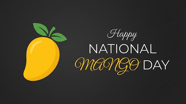 Happy national mango day with a single yellow mango on dark background