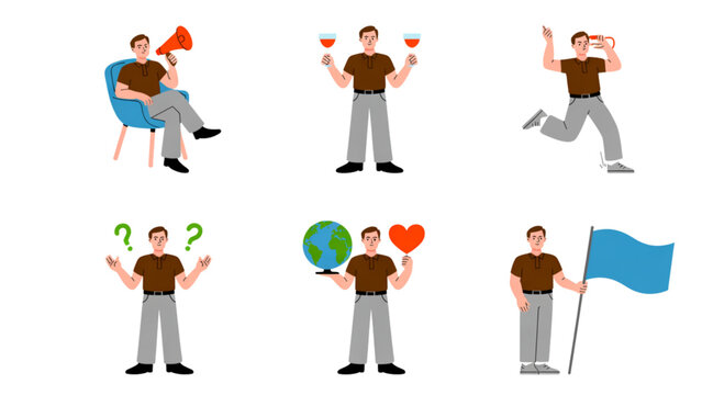 Six cheerful people celebrating with colorful confetti and flags Vector