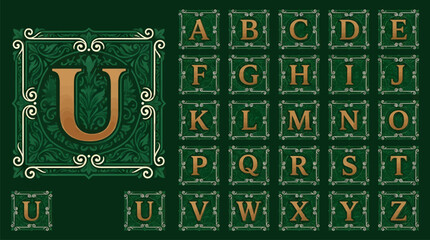 Ornate Alphabet Set with Decorative Borders, Golden Letters A-Z in Square Frames with Flourishes, Elegant Vintage Design Elements on Dark Green Background, Vector Illustration © sus