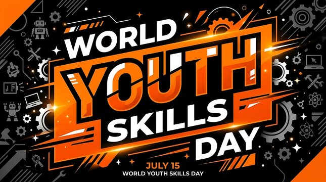 Youth skills day poster with orange bold typography and mechanical gear on black background