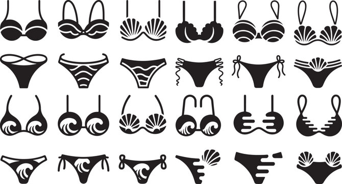 Collection of various black bikini and swimwear silhouettes on white background