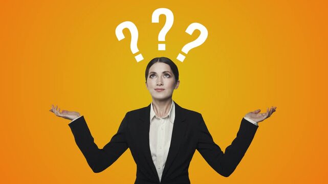 Animation of a girl in a business suit on a yellow background with a question mark. 4K