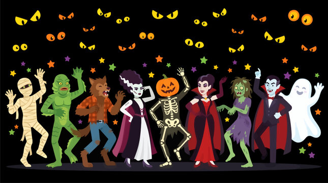 Classic Monsters Dancing Lineup: Mummy, Creature, Werewolf, Bride, Skeleton, Vampire, Zombie, Ghost with Spooky Eyes and Stars on Black Background, Flat Vector Illustration