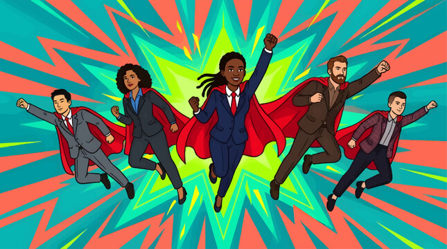 Diverse Business Team Flying as Superheroes in Suits with Red Capes, Dynamic Action Pose Against Abstract Burst Background, Concept of Success and Power