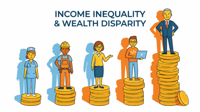 Flat Design Vector Illustration of Income Inequality and Wealth Disparity with Diverse Professions on Coin Stacks, Showing Social and Economic Differences, Conceptual Graphic