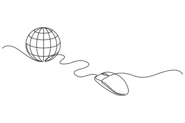 Obraz premium Continuous single line drawing of computer mouse connected to digital globe vector illustration with computer internet connectivity technology communication connection illustration continuous