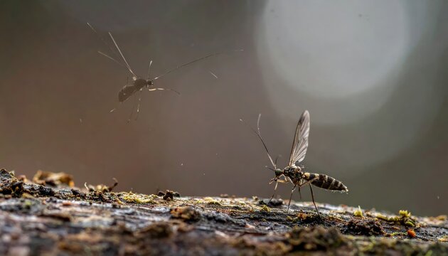 Fungus Gnat Flying Near Damp Surface in Shallow Focus