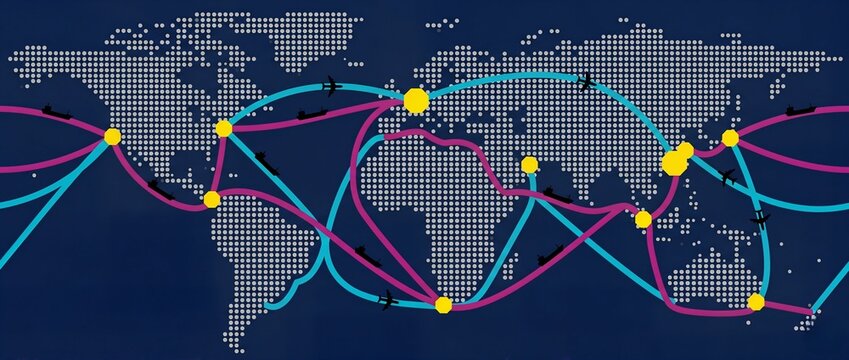 Dotted world map illustrating a global logistics network with connecting flight paths shipping routes airplanes and cargo ships