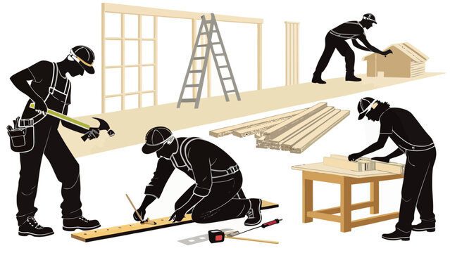 Vector illustration of construction workers building a house with tools and materials