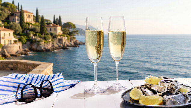 Champagne flutes with oysters sunglasses and coastal villa sea view. Concept of luxury seaside lunch, romantic aperitif, seafood pairing, resort terrace, summer travel and premium hospitality.
