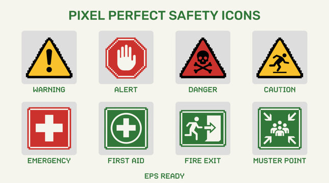 Collection of Pixel Perfect Safety Icons for Warning and Information.