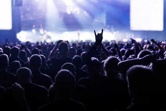 Crowd Cheering with Rock Hand Gesture at Blue Music Festival
