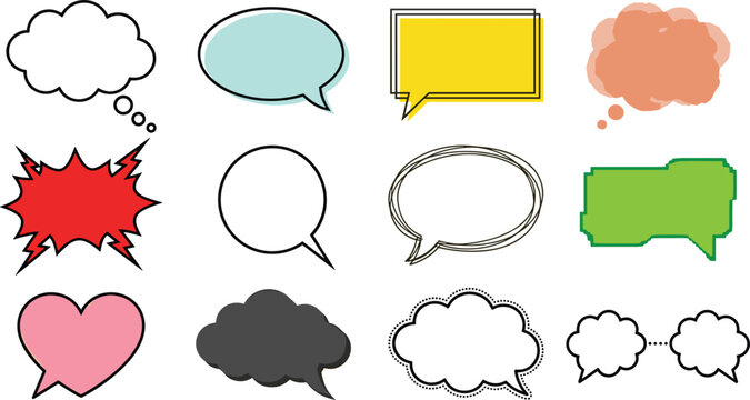Speech Bubble and Thought Cloud Vector Icon Set Featuring Comic Book Explosions Heart Shape Retro Frames and Colorful Chat Box Graphic Designs